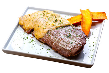 roast meat topped with melted cheese