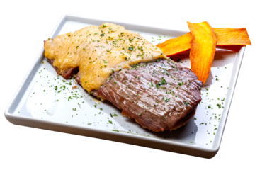 roast meat topped with melted cheese