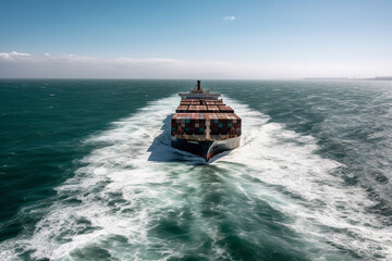 Naklejka premium Cargo ship with containers on open ocean. Aerial drone view. Generative AI