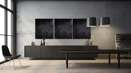 Dark gallery room interior with black wooden dresser and art decoration, table with chairs in meeting area. Generative Ai