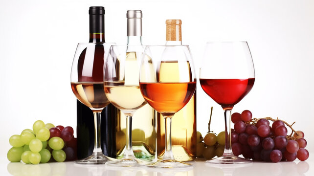 Wine in the glass with bottle and grape on white background created with generative AI