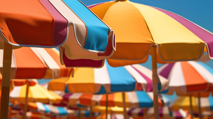 Detail of colorful sunshades in the beach on a sunny summer day. Generative Ai