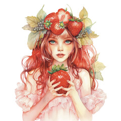 beautiful princess watercolor clipart, strawberries princess, summer strawberry, strawberry watercolor clipart, made with generative ai 