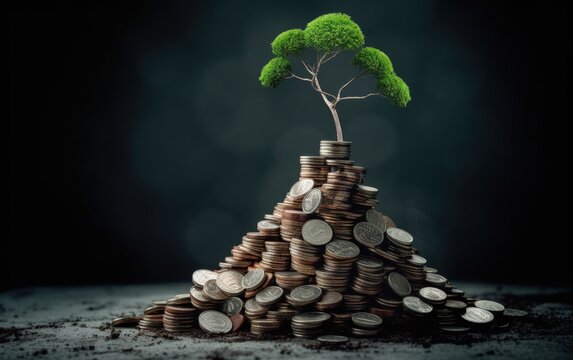 Plant on a pile of coins, goods and money concept, digital illustration. Generative AI