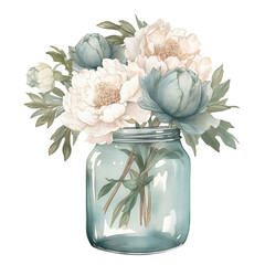 Peony in Glass Watercolor Clipart, Pale Blue Peony, White Peony Watercolor, made with generative AI
