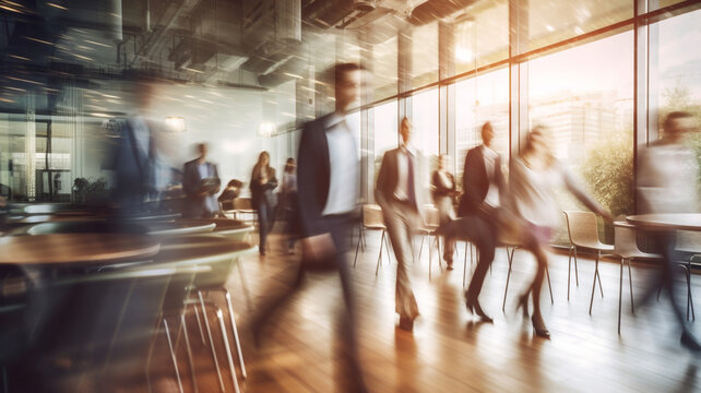 blured business people walking with fast movement in office and people meeting on table, Generative AI