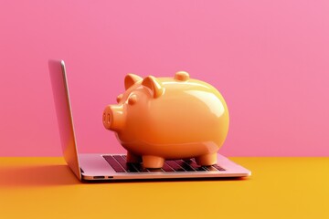 Piggy bank and laptop safe, economy and technology concept, digital illustration. Generative AI