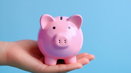 Hand holding piggy bank, blue background. Generative AI