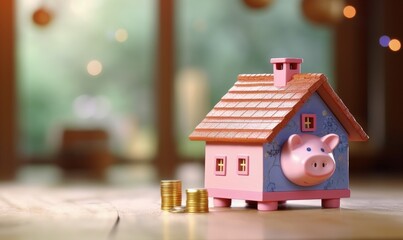 Obraz na płótnie Canvas Piggy bank in the shape of a safe, coins and house, concept of economy and finance, bokeh background. Generative AI