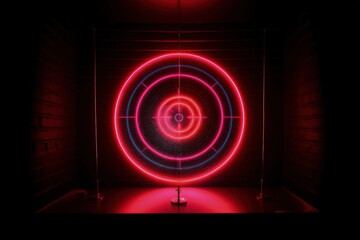 Red neon light target, technology and business concept, digital illustration. Generative AI