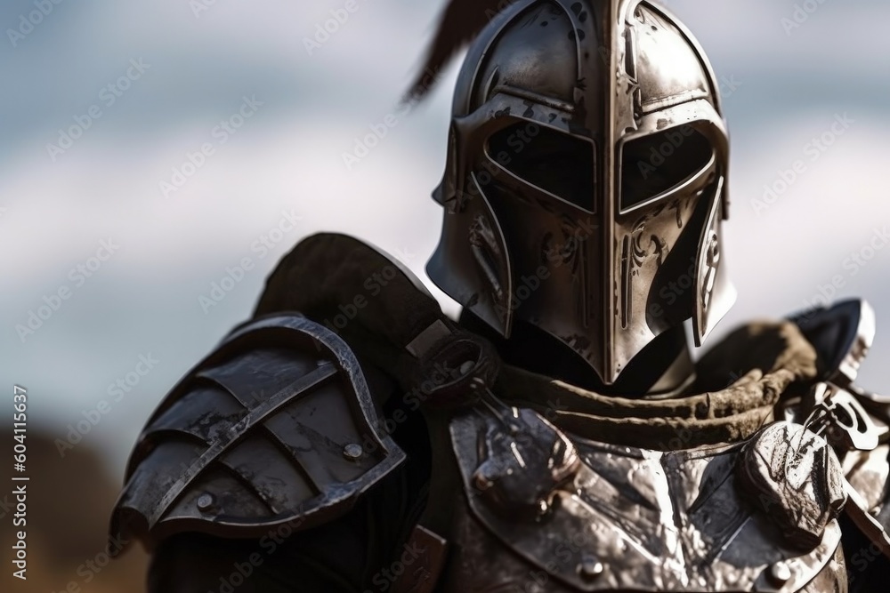 Wall mural Spartan warrior in armor, battlefield in the background, bokeh background. Generative AI