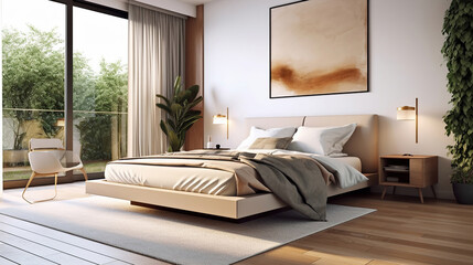 Beige bedroom interior bed and nightstand with art decoration, carpet on hardwood floor. Panoramic window. Generative Ai