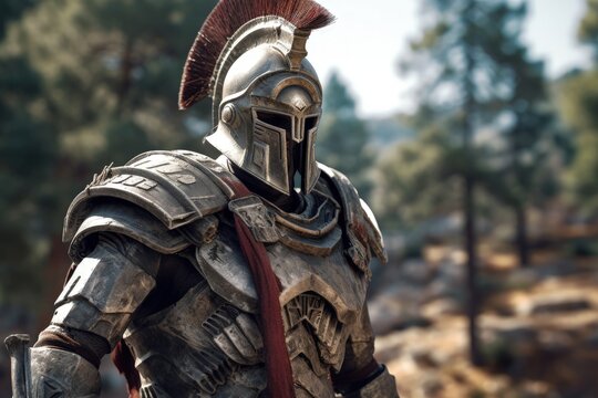 Spartan warrior in armor, battlefield in the background, bokeh background. Generative AI