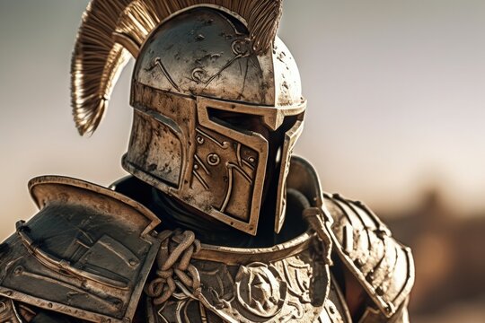 Spartan warrior in armor, battlefield in the background, bokeh background. Generative AI