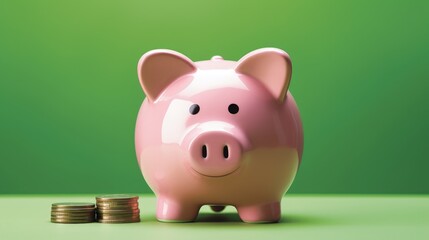 Piggy bank in the shape of a safe and coins, economy and finance concept, green background. Generative AI