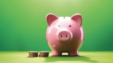 Piggy bank in the shape of a safe and coins, economy and finance concept, green background. Generative AI