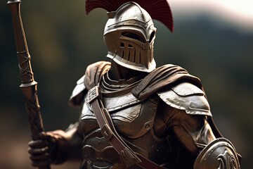 Spartan warrior in armor, battlefield in the background, bokeh background. Generative AI
