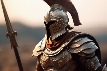 Spartan warrior in armor, battlefield in the background, bokeh background. Generative AI - obrazy, fototapety, plakaty