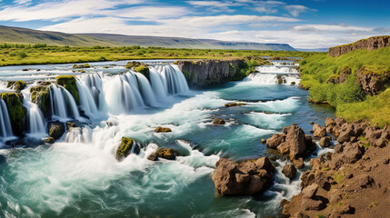 Beautiful vibrant summer panorama picture with a view on icelandic waterfall. Generative Ai - obrazy, fototapety, plakaty
