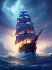 Naklejka premium sail-ship in stormy sea, Generative AI