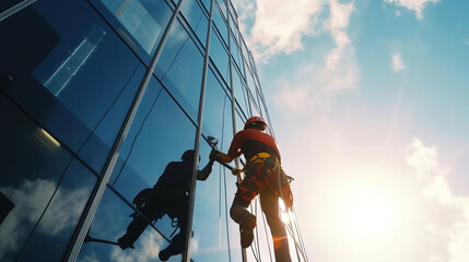 Professional climber rope access worker cleaning the windows on the high rise building. Generative Ai - obrazy, fototapety, plakaty