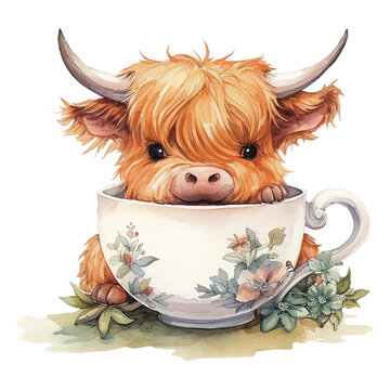 recommend clip art: Baby Highland Cow in Vintage Tea Cup Watercolor Clipart, made with generative AI	
                    