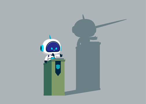 Cyborg with artificial intelligence with long nose lier talk about fake news. Robot lies about truth. Flat vector illustration