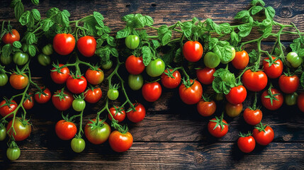 Fototapeta na wymiar Fresh red cherry tomatoes lying on wooden table. 