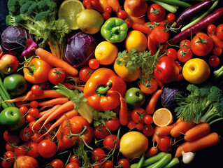 Fototapeta na wymiar Wide panoramic photo of fruits and vegetables. AI generated image