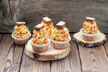 Delicious chocolate cupcakes with peanut butter frosting, chocolate bites and salted caramel sauce on rustic wooden background