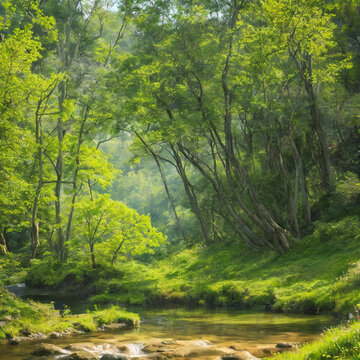Beautiful rays of sunlight under the river in a green forest, spring forest nature landscape, beautiful spring stream, river rocks in mountain forest