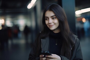 młoda dziewczyna o długich ciemnych włosach trzymająca w dłoniach smartfona