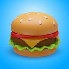 Vector 3D Cheeseburger. 3D Render Fast Food, Hamburger. Junk Unhealthy Food. Bright Plastic, Clay Illustration In Cartoon Style On A Blue Background.