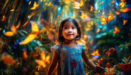 small malay girl age 5 standing in the colorful jungle