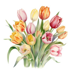 Tulip Bouquet Pastel Watercolor Clipart Illustration, made with generative AI