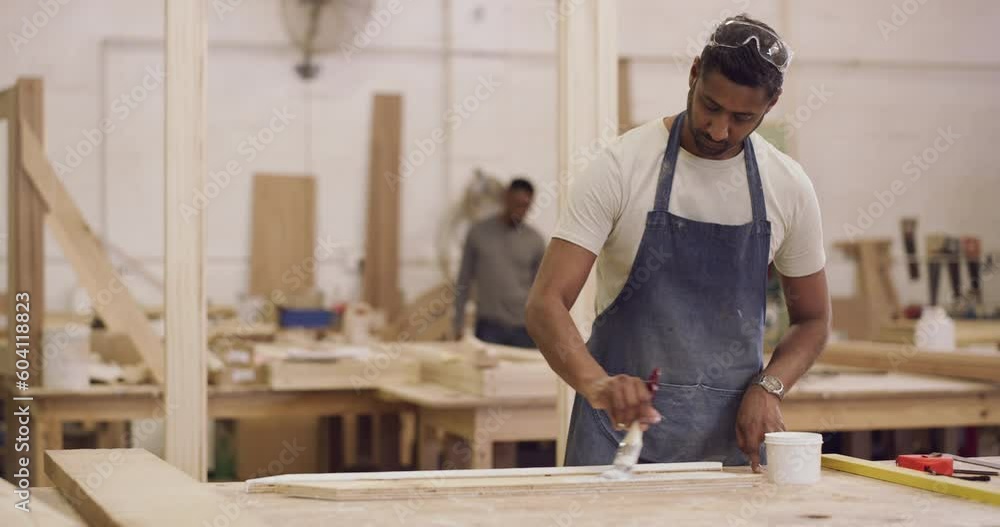 Poster Carpenter, wood and a man with a paint brush in workshop for manufacturing process. African male with focus while painting for creative furniture project, design and production at carpentry factory