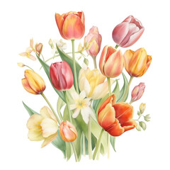 Tulip Bouquet Pastel Watercolor Clipart Illustration, made with generative AI