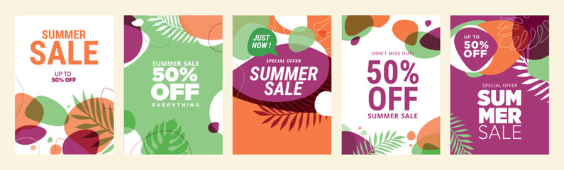 Summer sale banners and posters. Set of vector illustrations for web and social media banners, print material, newsletter designs, coupons, marketing.