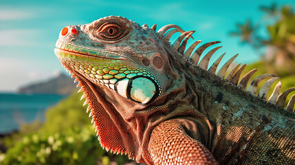 Obraz premium portrait of macro shot on iguana head. Generative Ai
