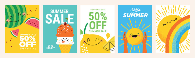 Summer sale banners and posters. Set of vector illustrations for web and social media banners, print material, newsletter designs, coupons, marketing.