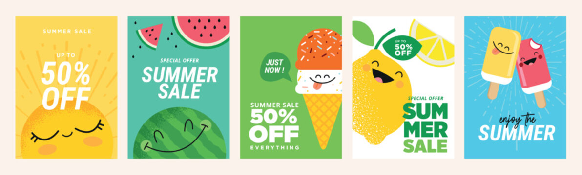 Summer sale banners and posters. Set of vector illustrations for web and social media banners, print material, newsletter designs, coupons, marketing.