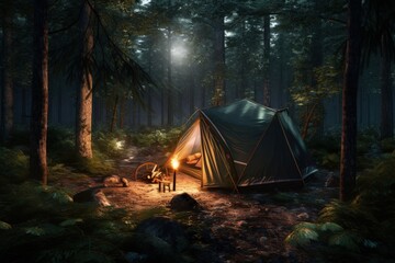Landscape with camping tent in the forest, adventure and fun concept. Generative AI