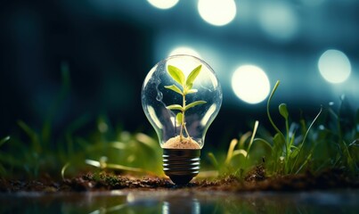 Light bulb with plant, environmental preservation, digital illustration. Generative AI - obrazy, fototapety, plakaty