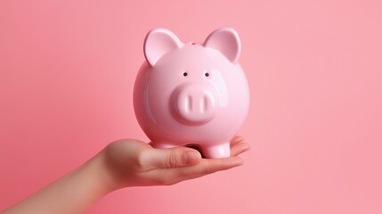 Hand holding pink piggy bank, investment concept. Generative AI
