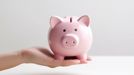 Hand holding pink piggy bank, investment concept. Generative AI