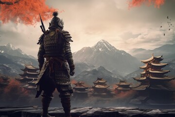 Obraz premium Landscape with samurai warrior, mountains in background. Generative AI