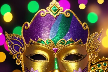 Glittering Mardi Gras Mask on Shining City Banner. AI Generated.