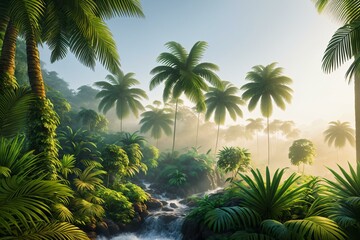 Fototapeta na wymiar Tropical Paradise: Palm Trees in a Jungle Forest. AI Generated.
