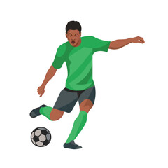 Fototapeta na wymiar Dark-skinned football player in a green sports uniform is going to kick the ball with his foot