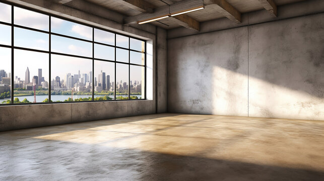 Empty loft style room with concrete floor and city view. Generative Ai